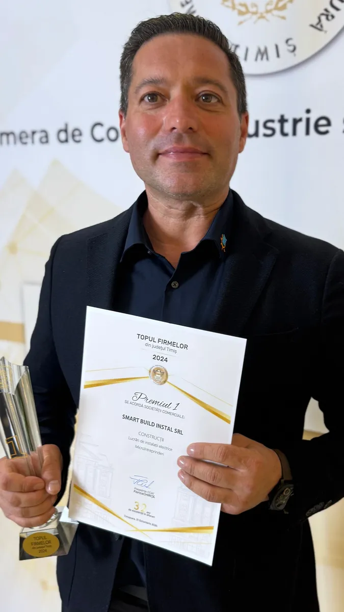 Diploma Premiul 1 Topul Firmelor Timiș 2024, SMART BUILD INSTAL SRL, lucrări de instalații electrice