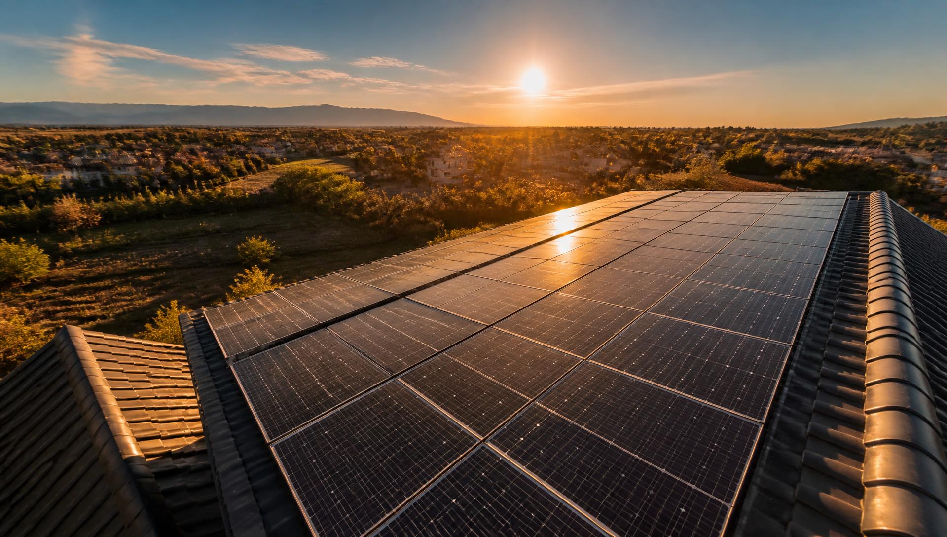Panouri fotovoltaice montate pe acoperișul unei case din județul Timiș, la apus