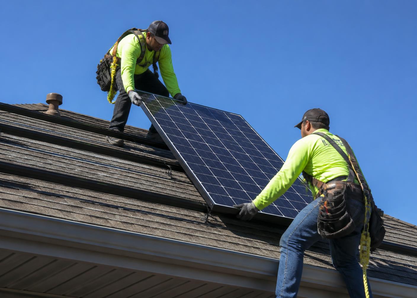 Electricieni autorizați montând un panou fotovoltaic pe acoperișul unei case